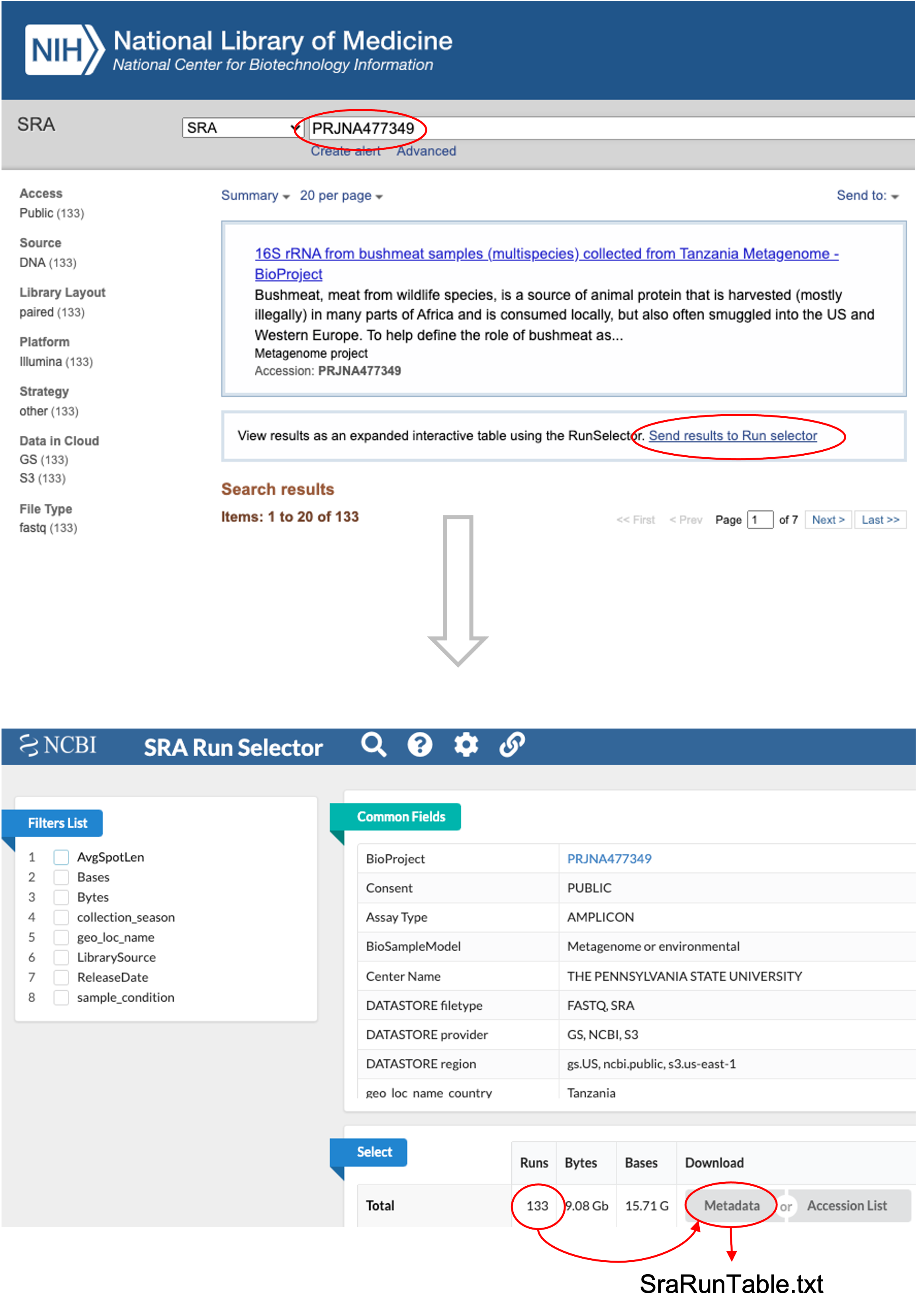 Example screen shot of SRA Run Selector for metadata associated with the NCBI-SRA bioproject number PRJNA477349